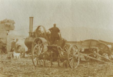 Selsey: A steam driven threshing machine with farmers - thumbnail image